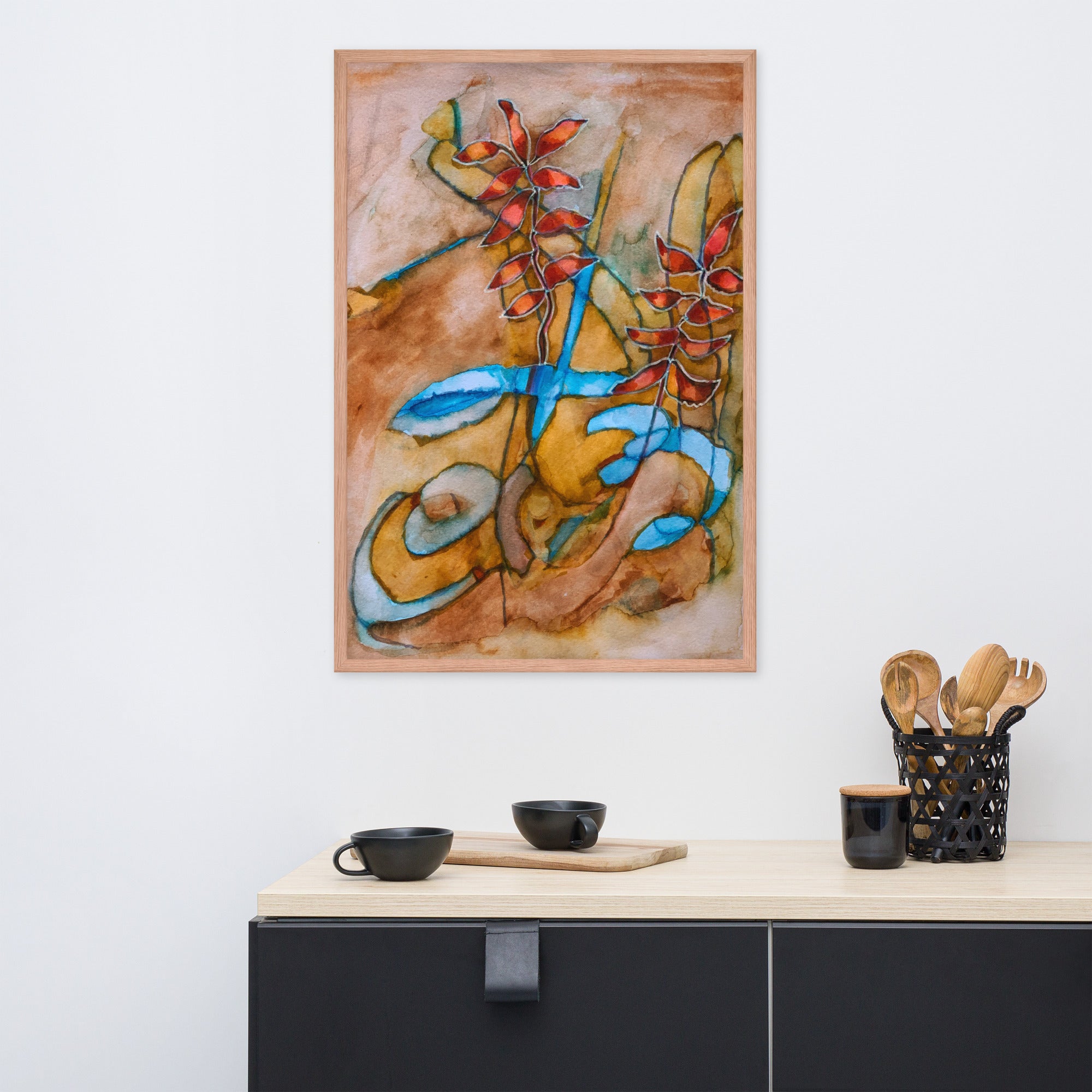 Teal Ribbon Leaves Abstract Framed Poster