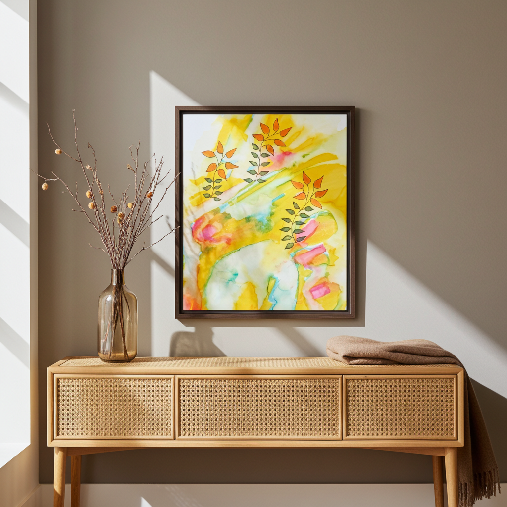 Sunny Leaves Framed Canvas Wall Art – Modern Abstract Nature Print