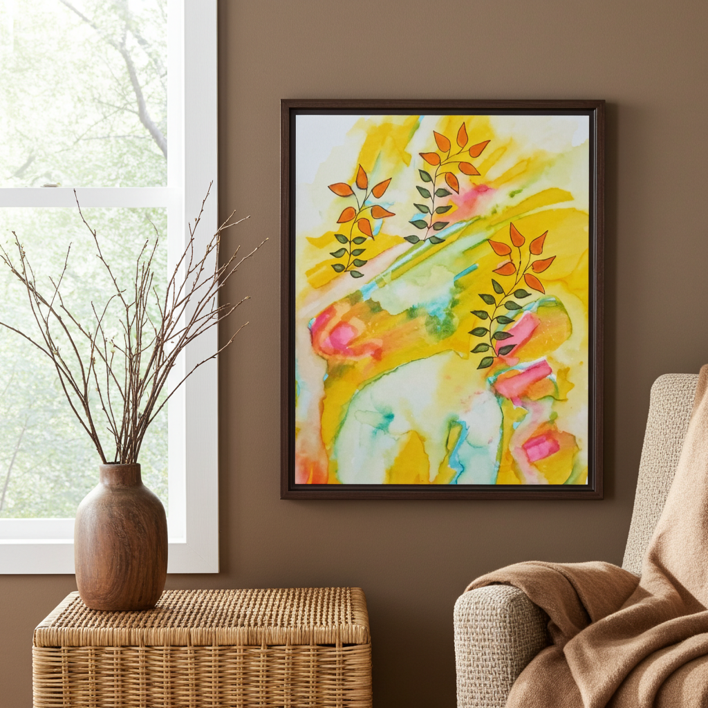 Sunny Leaves Framed Canvas Wall Art – Modern Abstract Nature Print