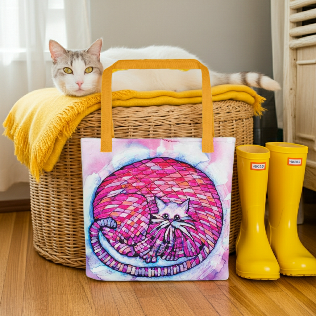 Big Pink Cat Tote Bag with colorful cat artwork by Joy Calonico, yellow handles, styled with a white cat on a wicker basket and yellow boots.