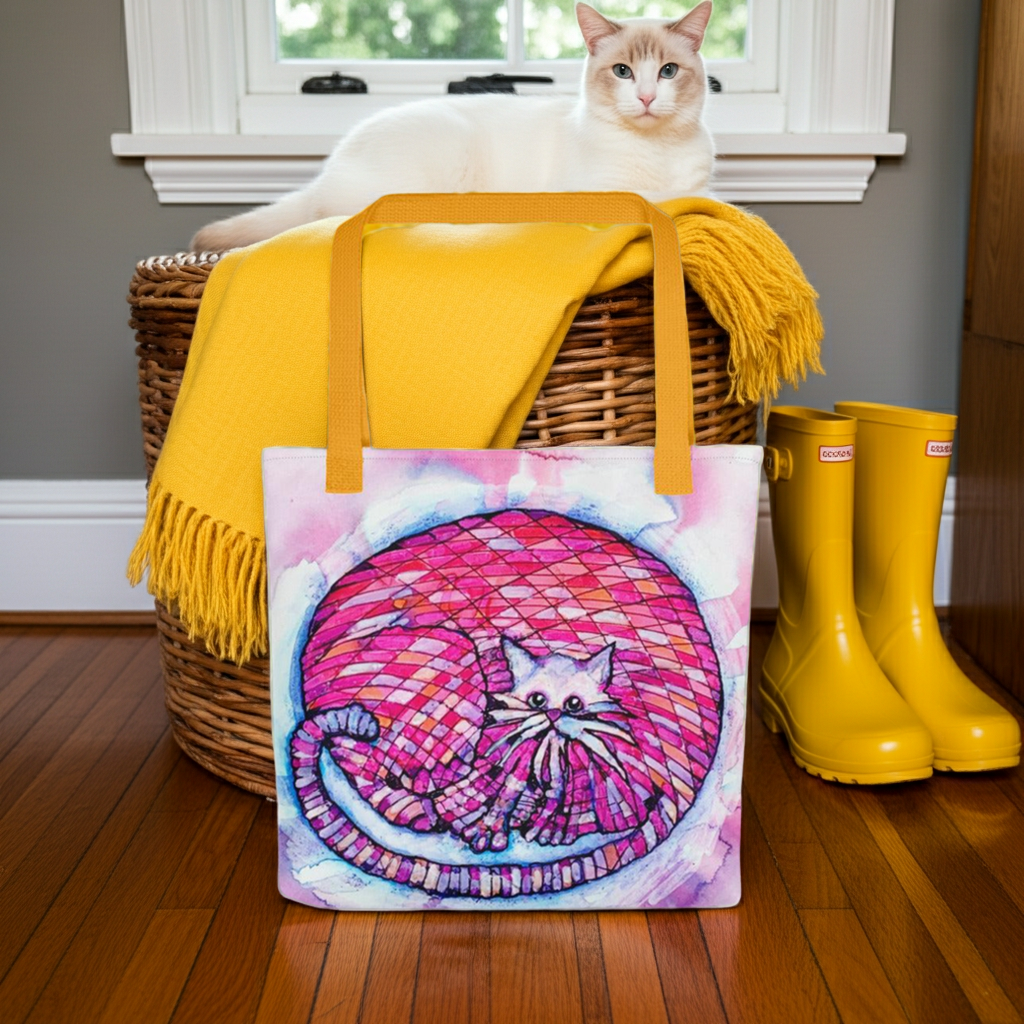 Big Pink Cat Tote Bag with colorful cat artwork, yellow handles, and spacious design