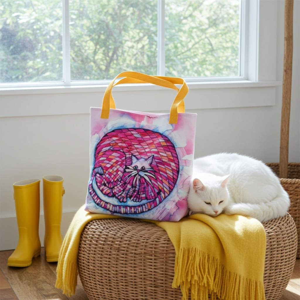 Big Pink Cat Tote Bag with colorful cat artwork and yellow handles displayed indoors with a white cat and yellow boots nearby
