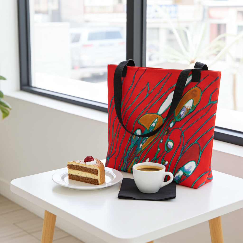 August Abstract Tote Bag with red abstract design, black cotton handles, placed on a white table next to coffee and cake.