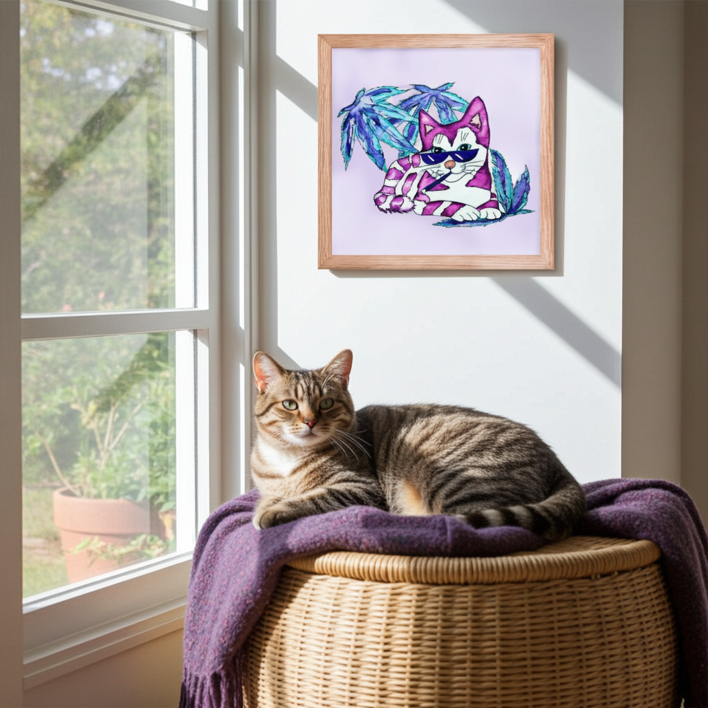 Cool Purple Tabby Cat Framed Poster 12x12