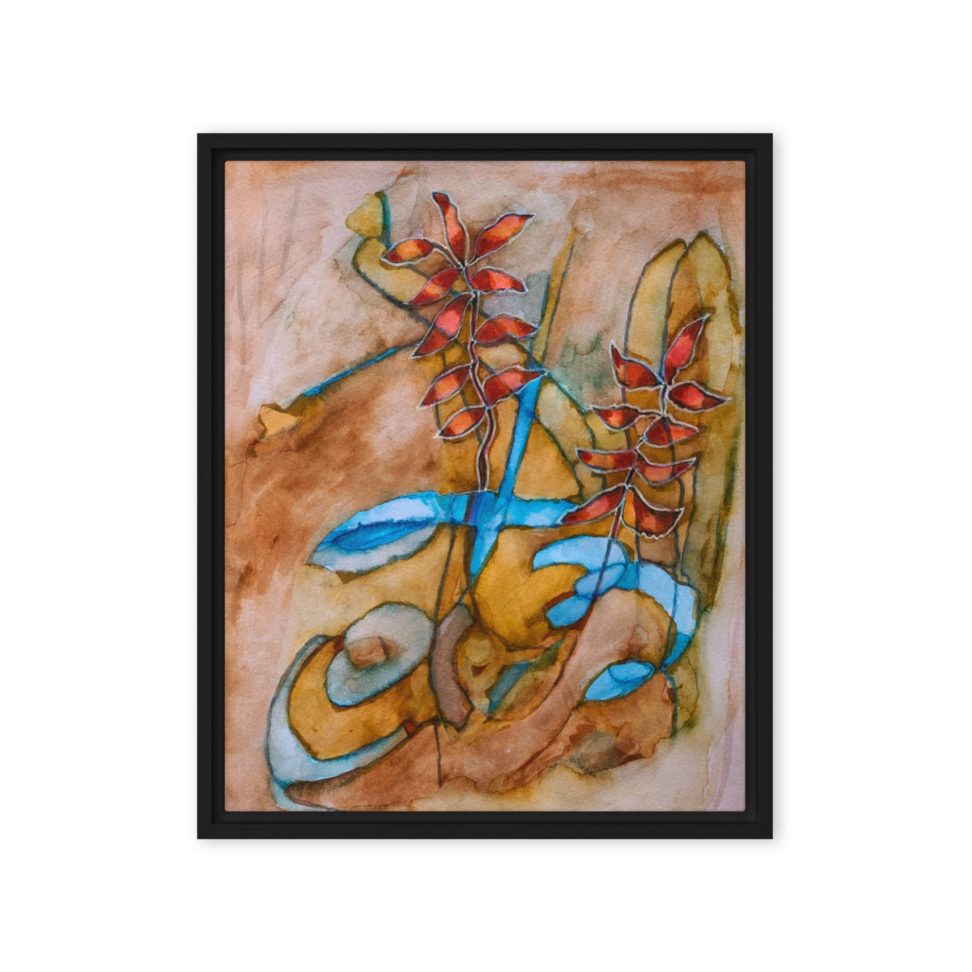 Teal Ribbon Leaves Abstract Framed Canvas