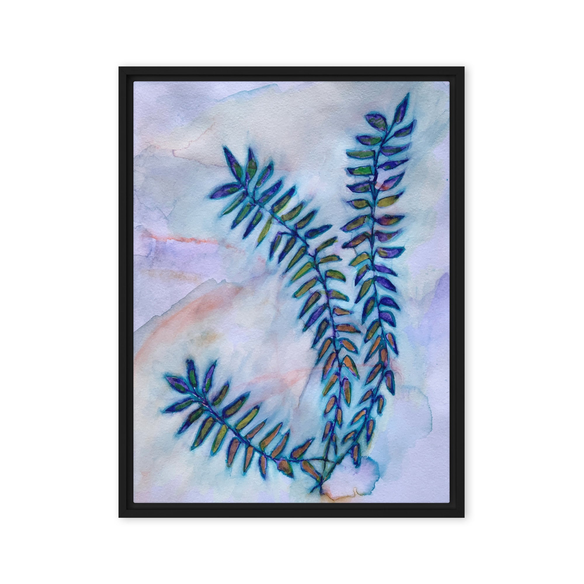Quiet Blue Leaves Framed Canvas Print