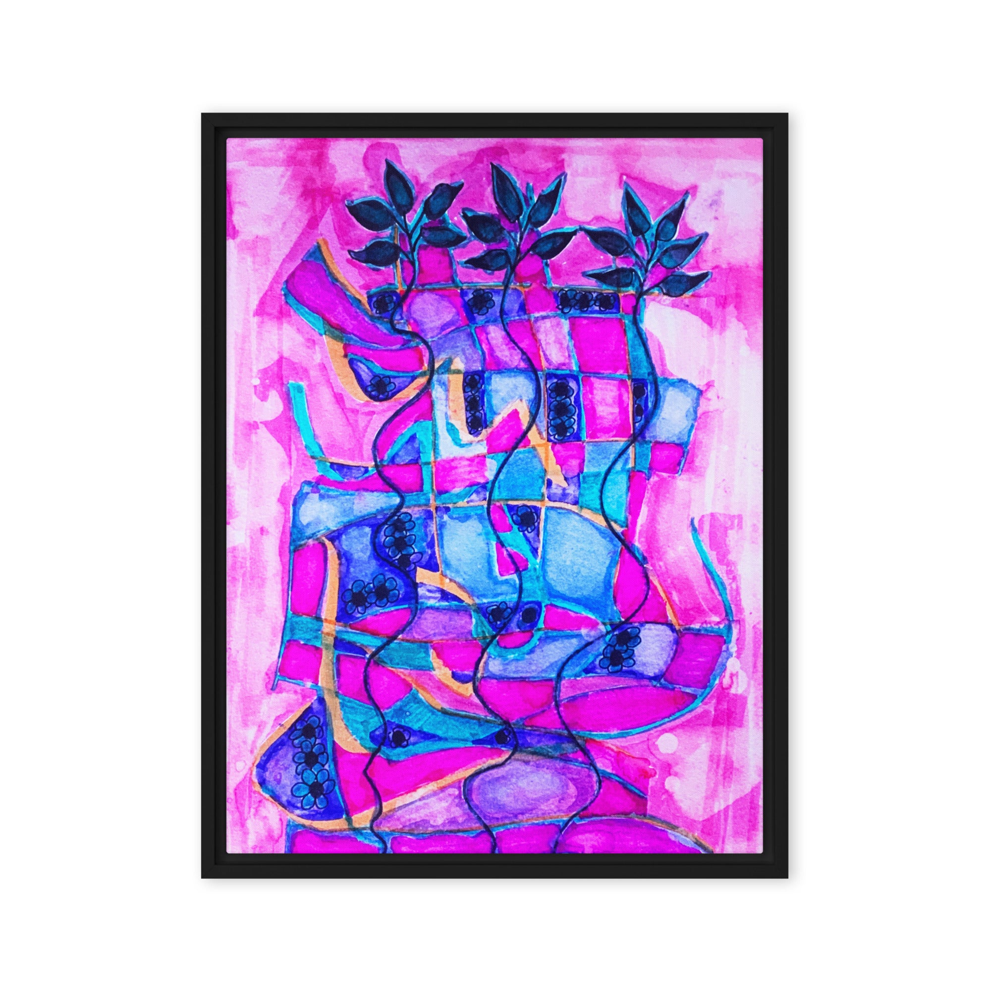 Three Dark Leaves Abstract Framed Canvas