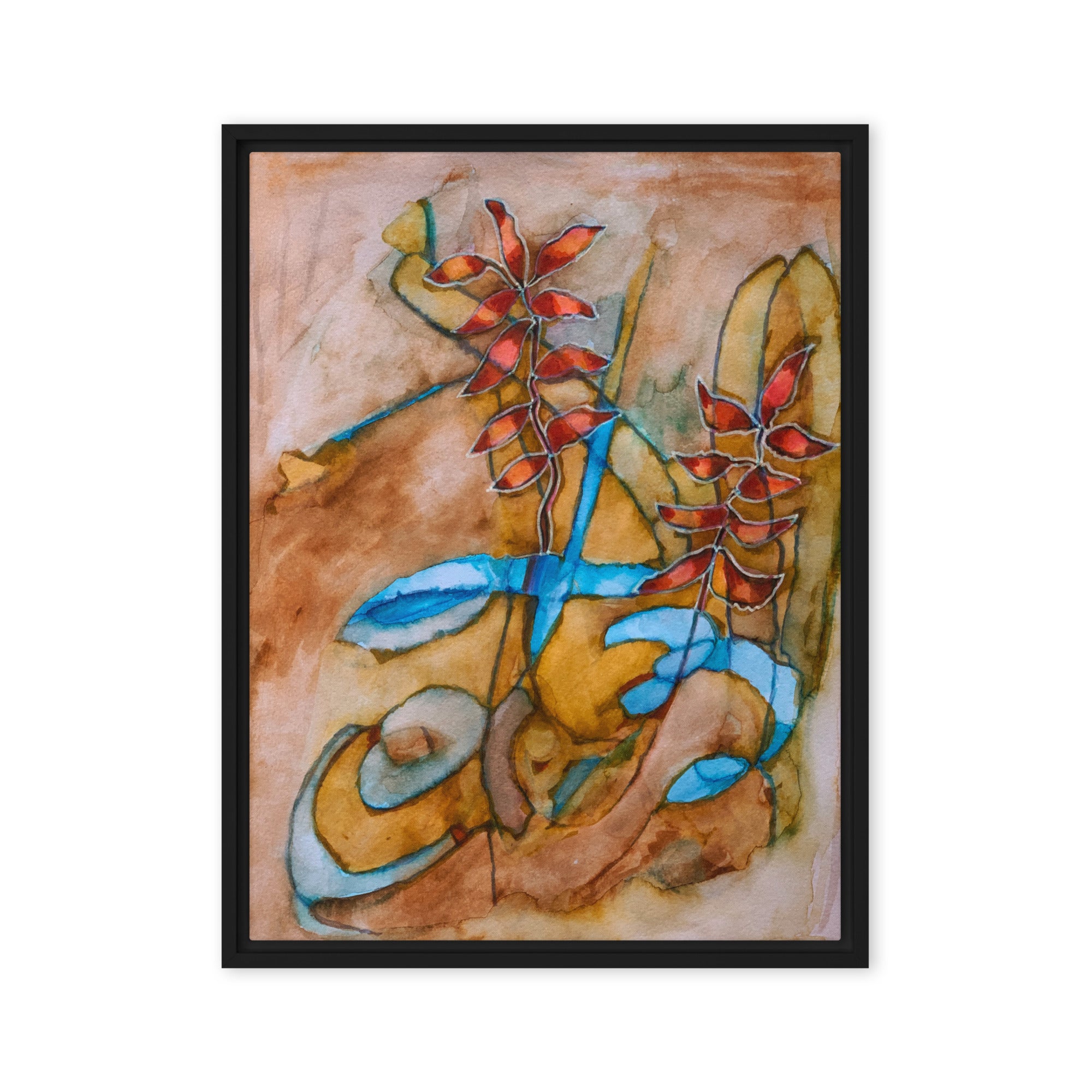 Teal Ribbon Leaves Abstract Framed Canvas