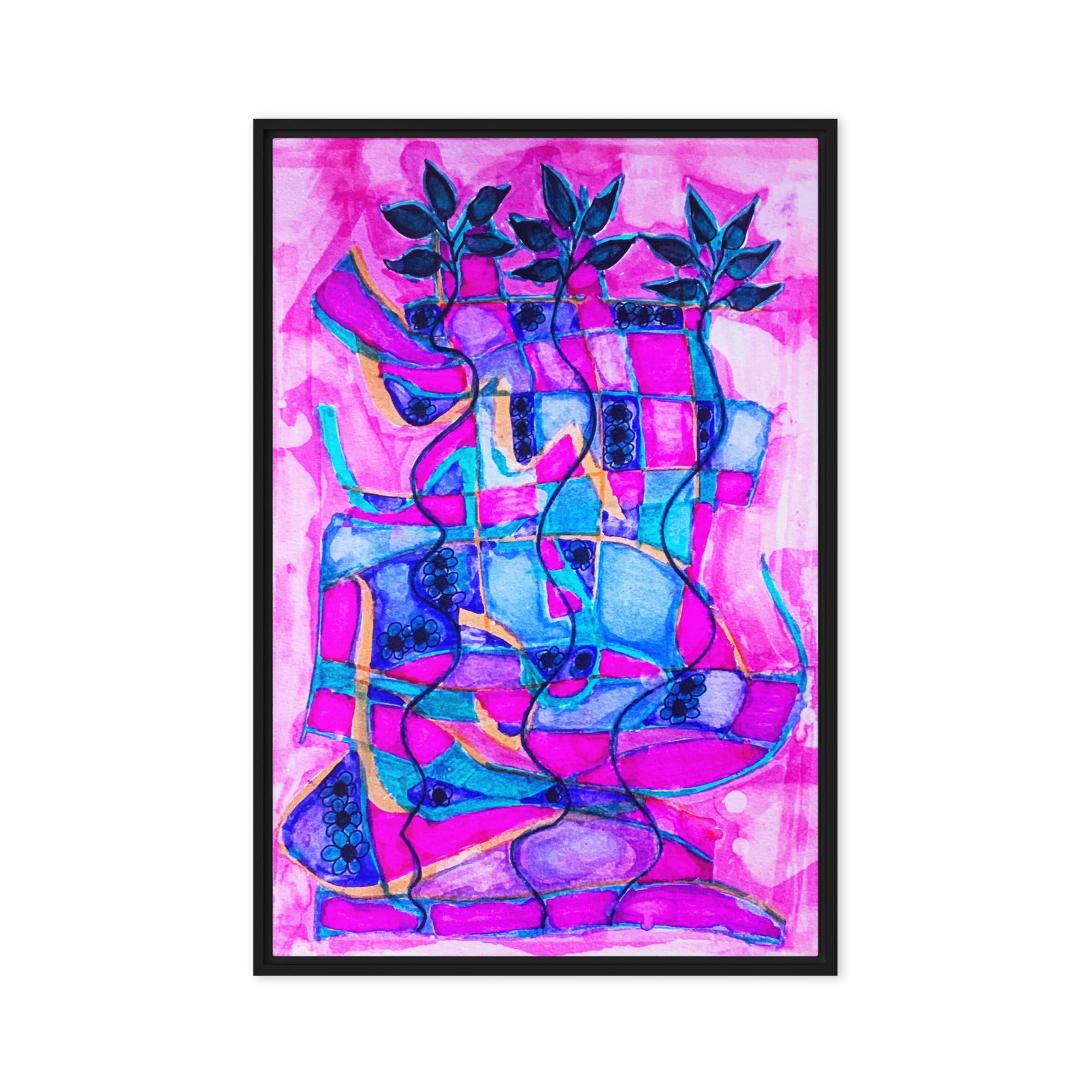 Three Dark Leaves Abstract Framed Canvas