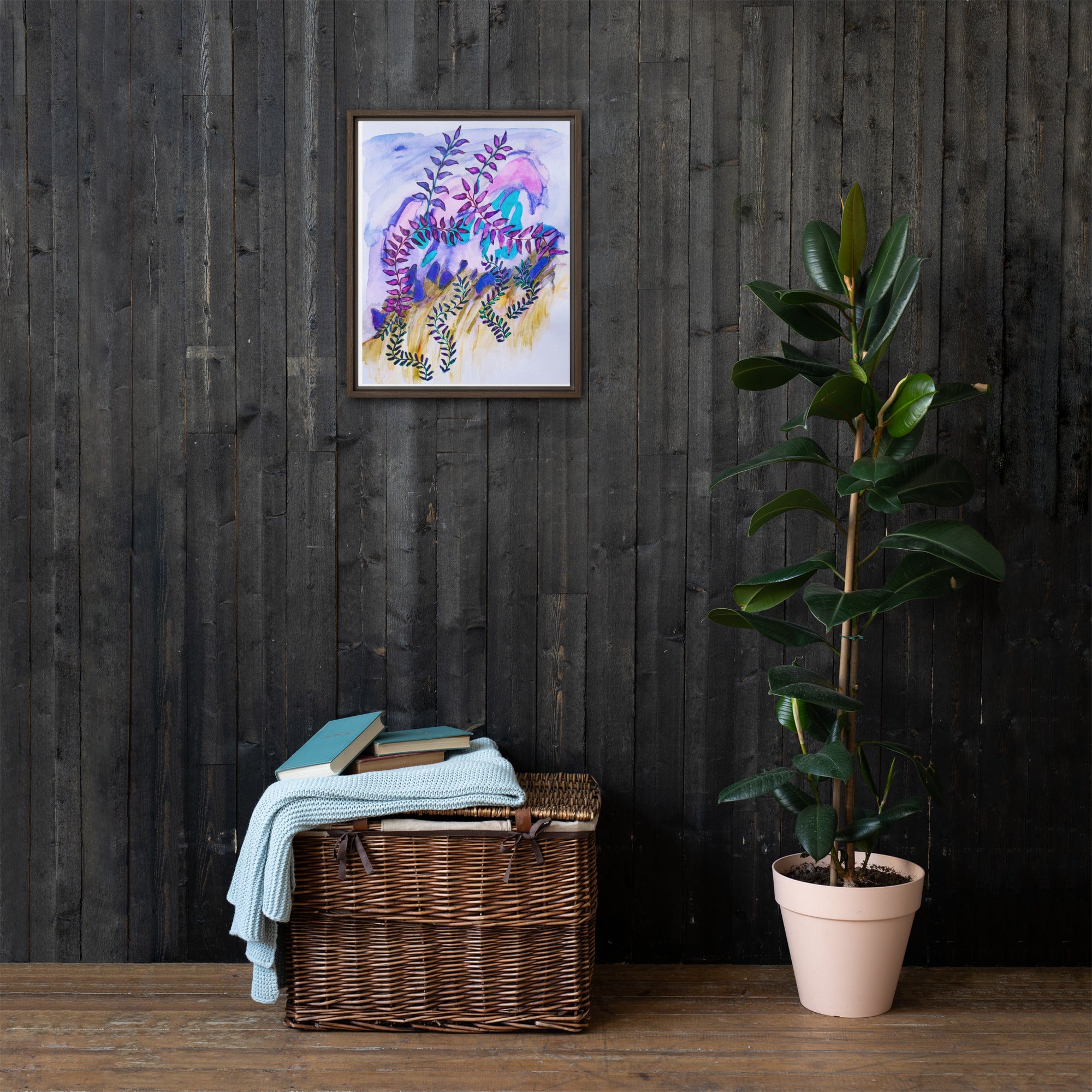 Blue Rock Leaves Framed Canvas