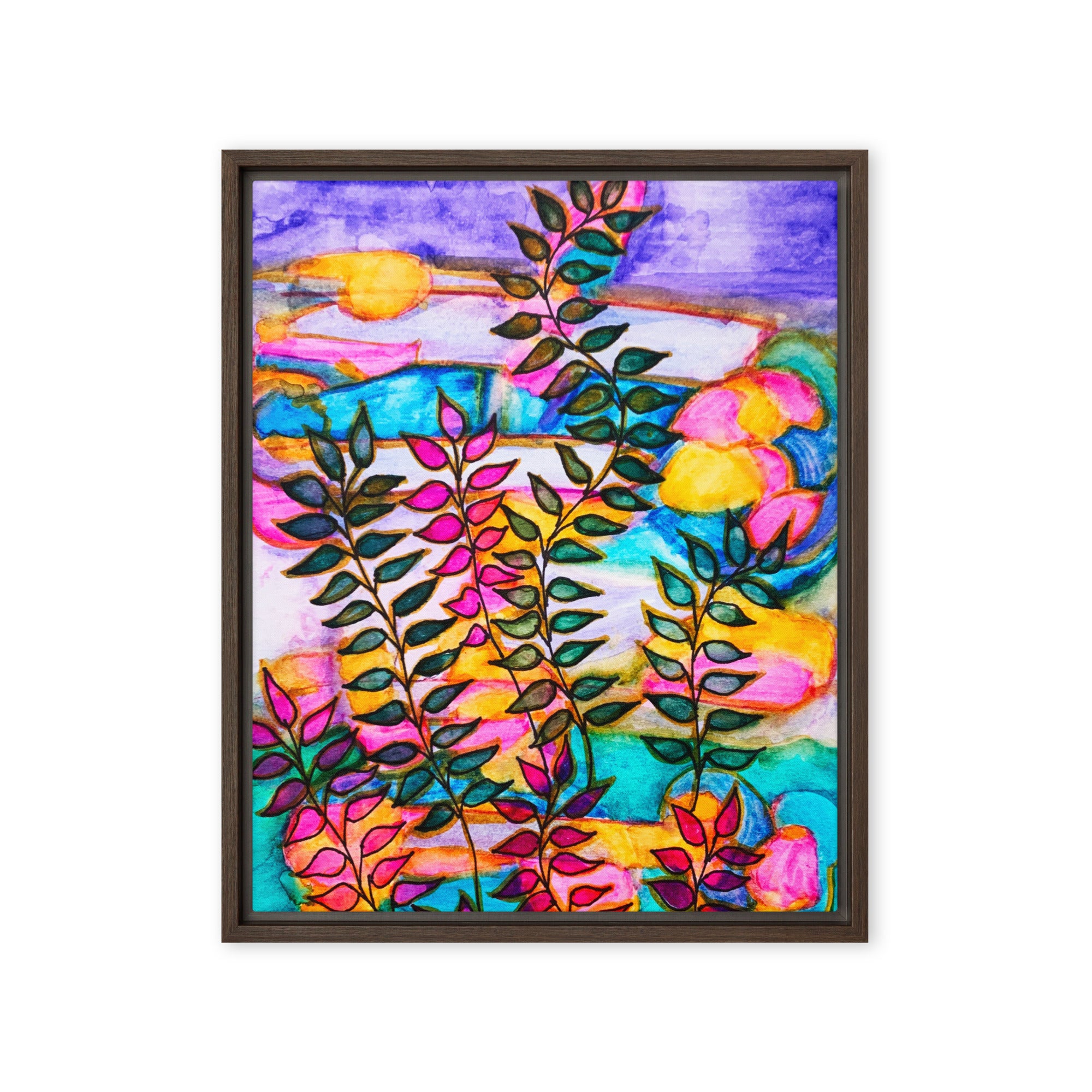 Neon Leaves Framed Canvas