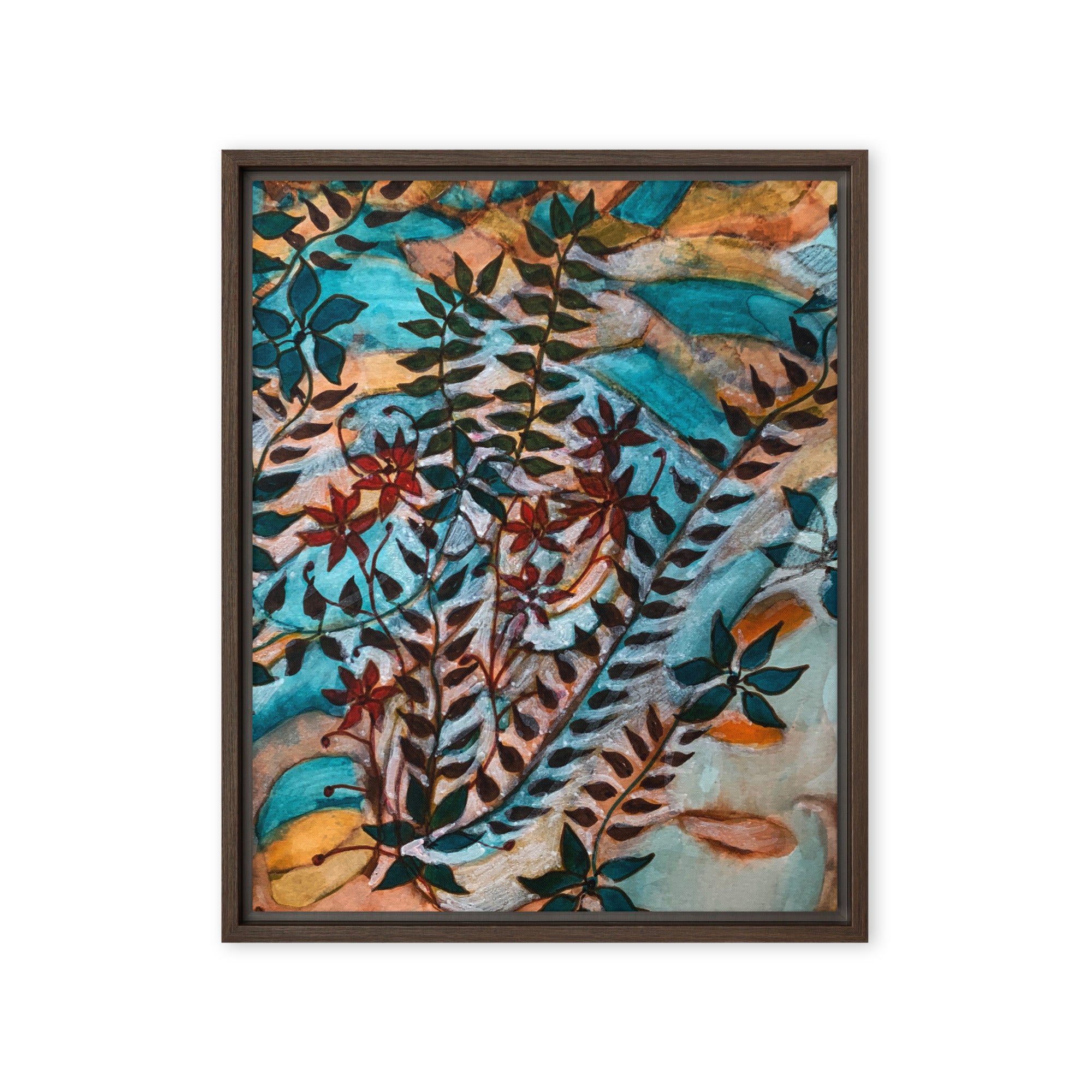 Teal Leaves Framed Canvas