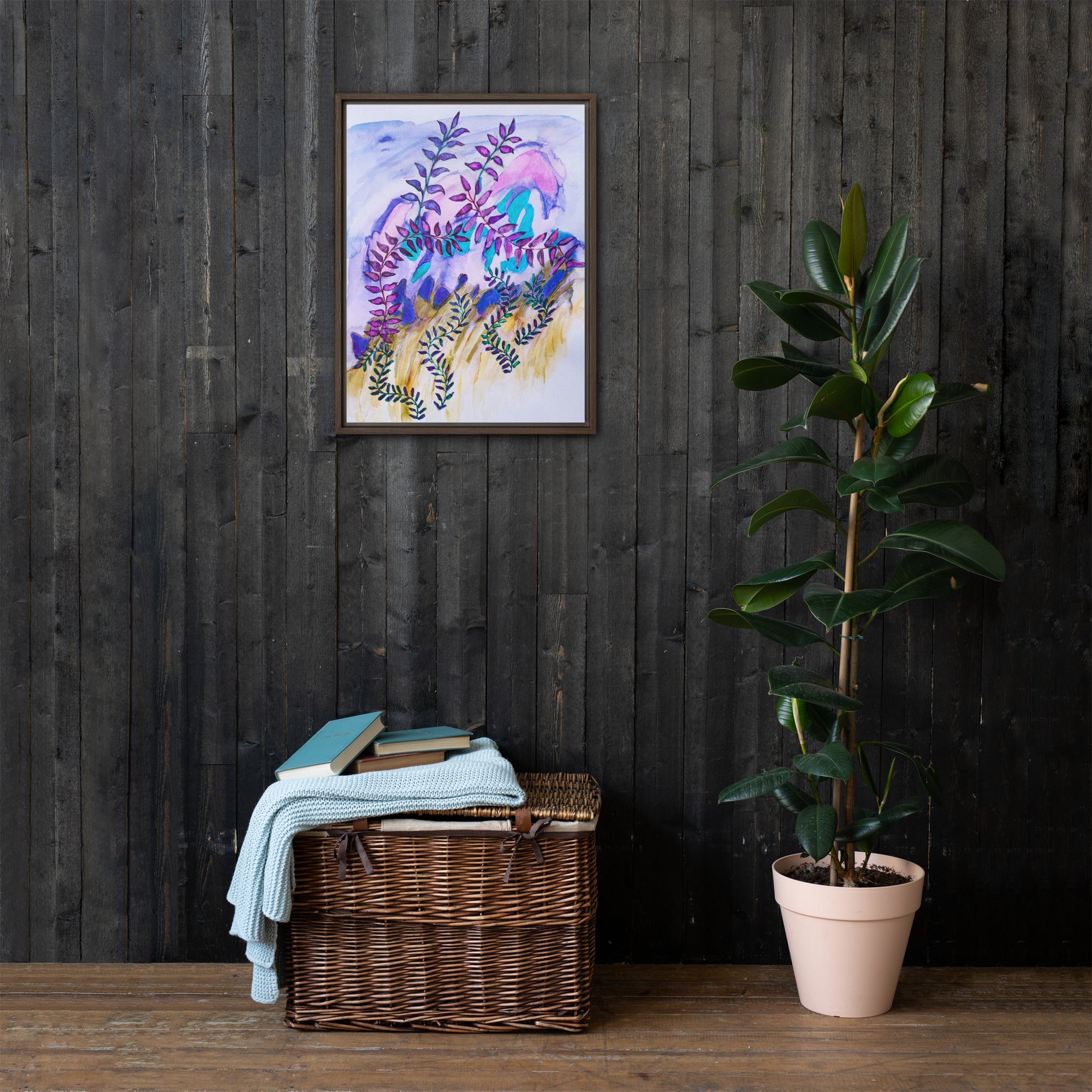 Blue Rock Leaves Framed Canvas