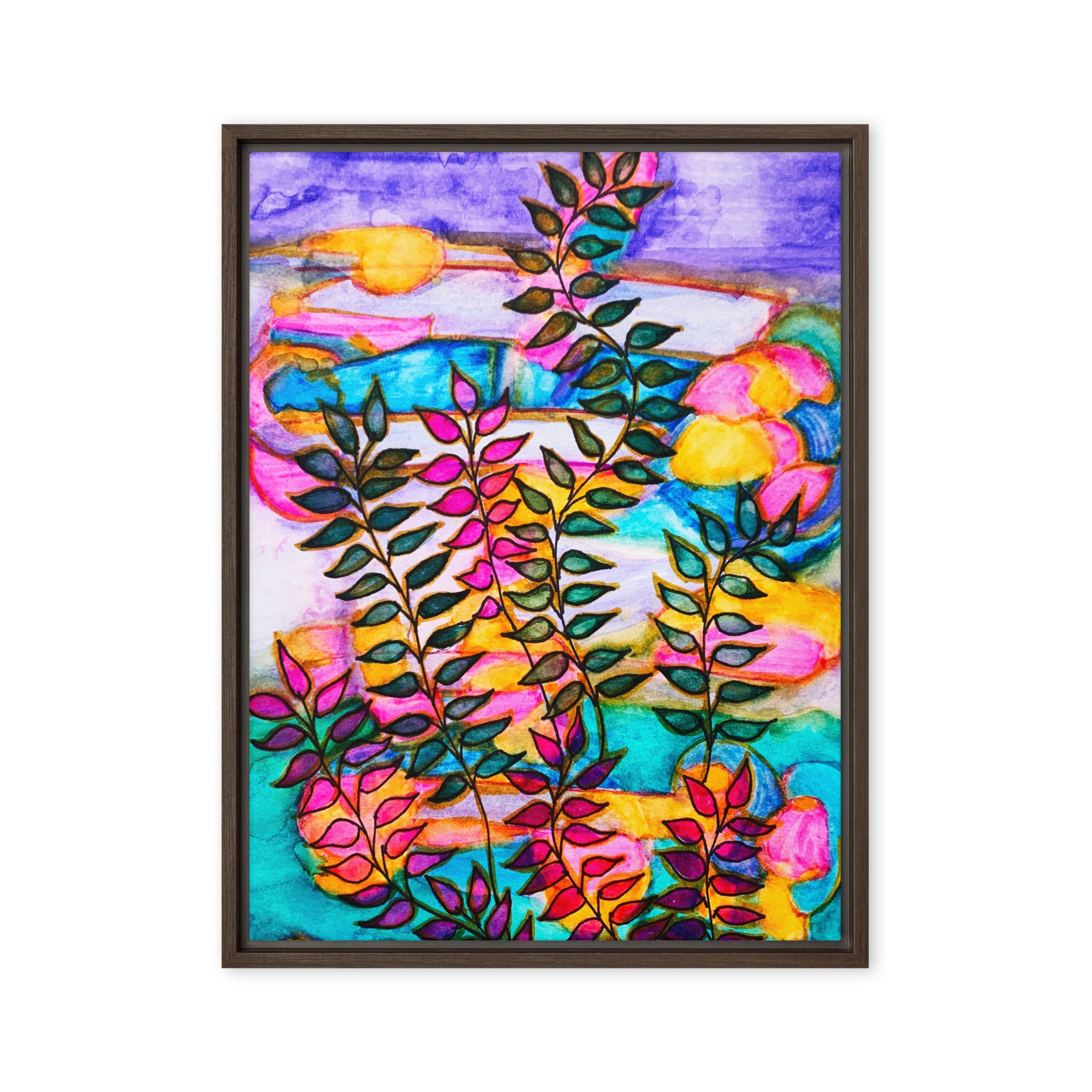 Neon Leaves Framed Canvas