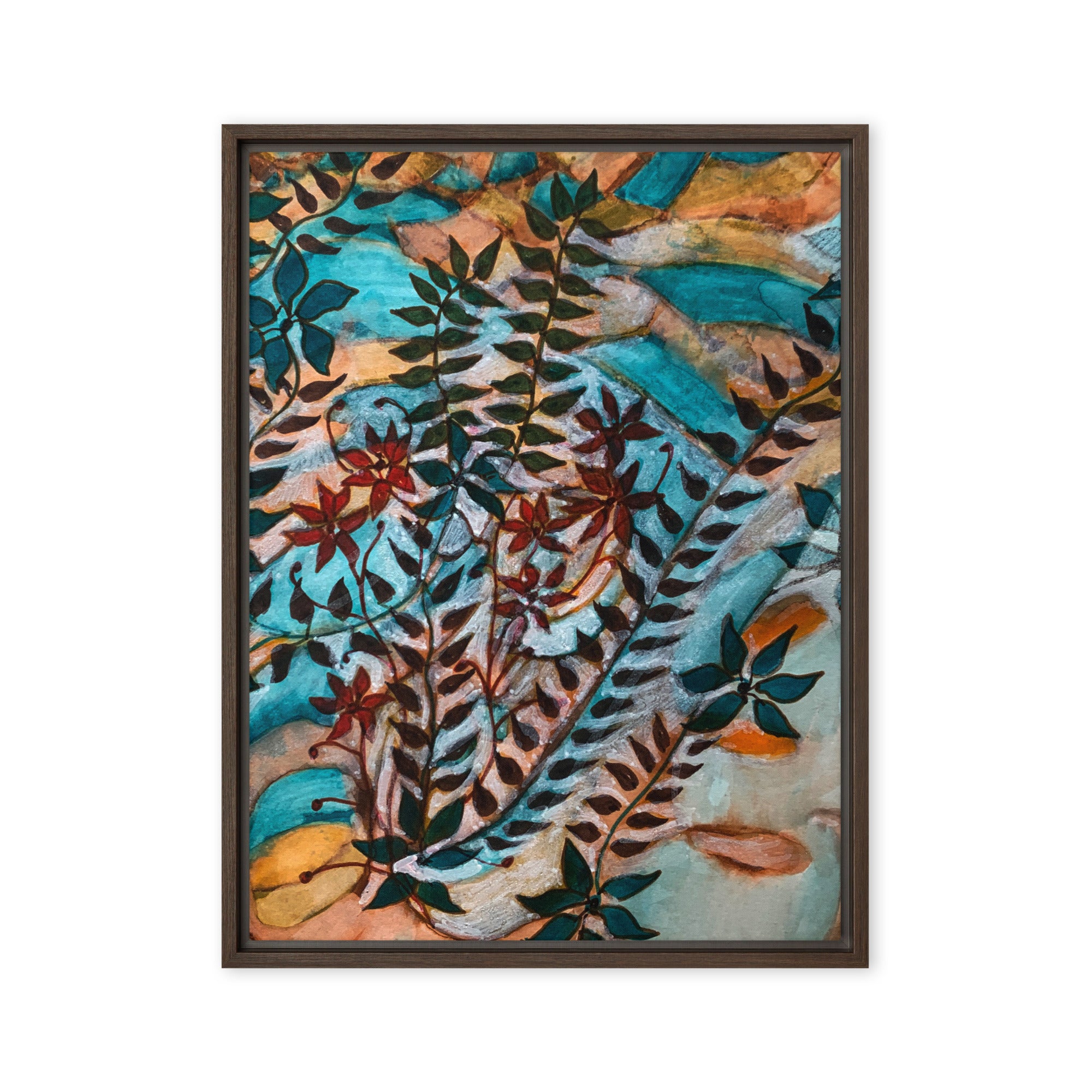 Teal Leaves Framed Canvas