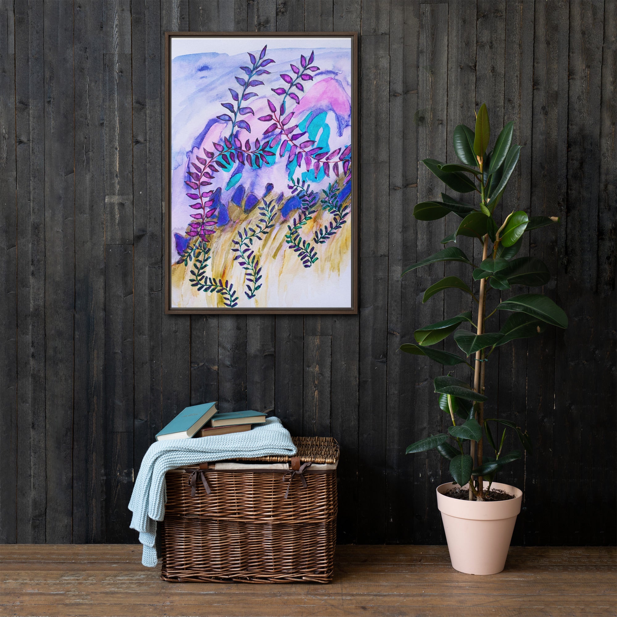 Blue Rock Leaves Framed Canvas