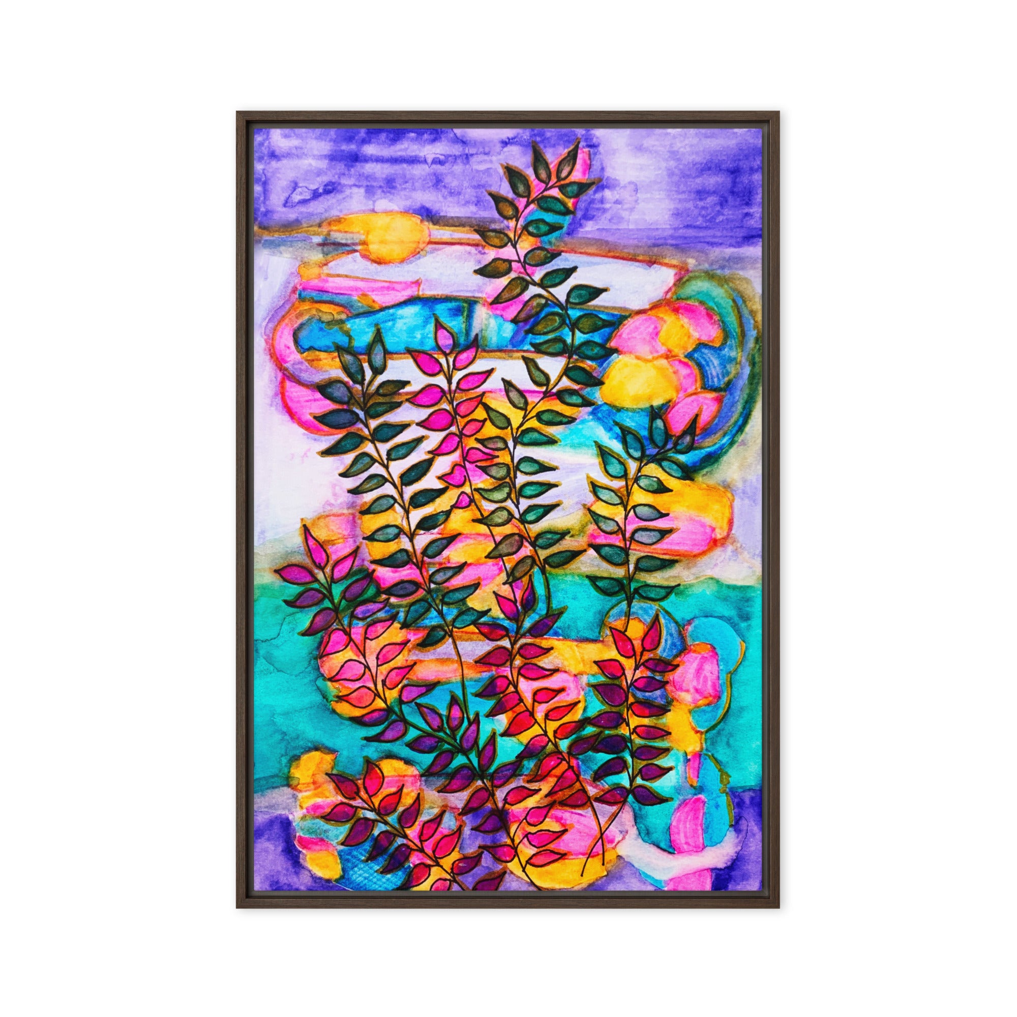 Neon Leaves Framed Canvas