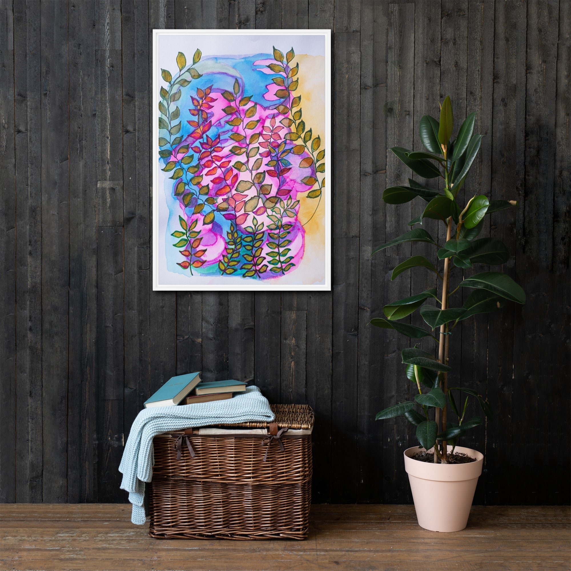 Evening Pink Leaves Framed Canvas