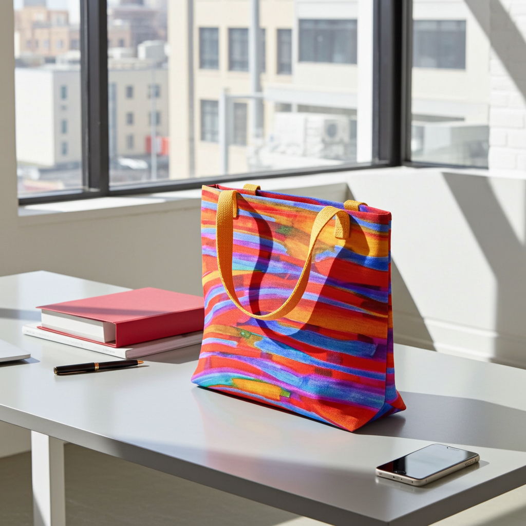 Colorful Gentle Slopes Abstract Tote bag with orange straps on office desk near books and smartphone