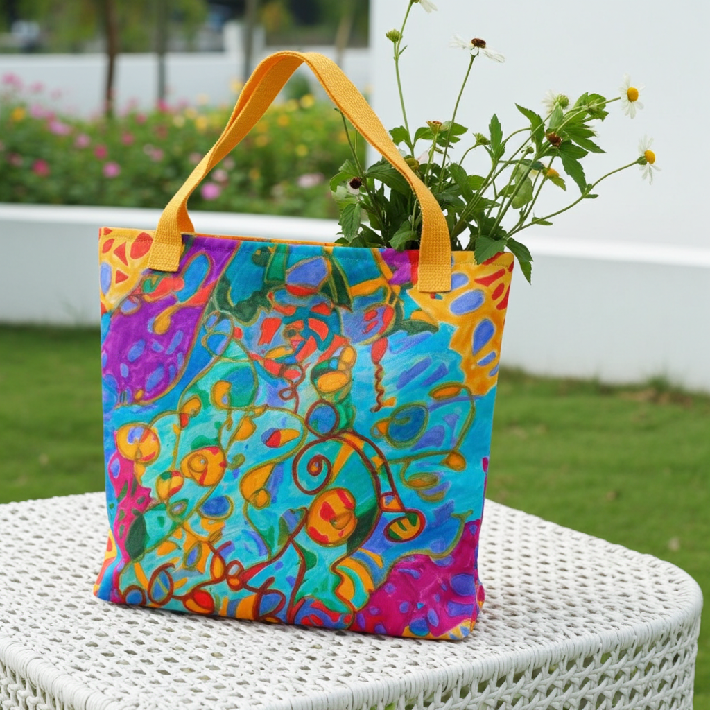 Curled Up Abstract Tote bag with vibrant colorful artwork and yellow handles on white wicker table outdoors