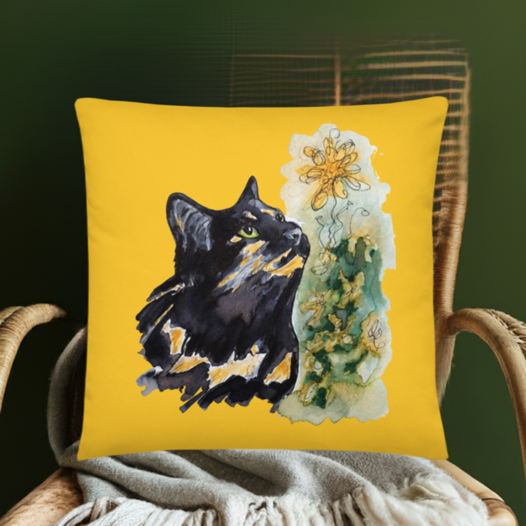 Calico Cat Yellow Pillow