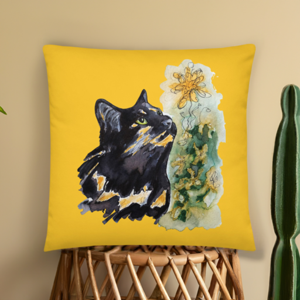 Calico Cat Yellow Pillow