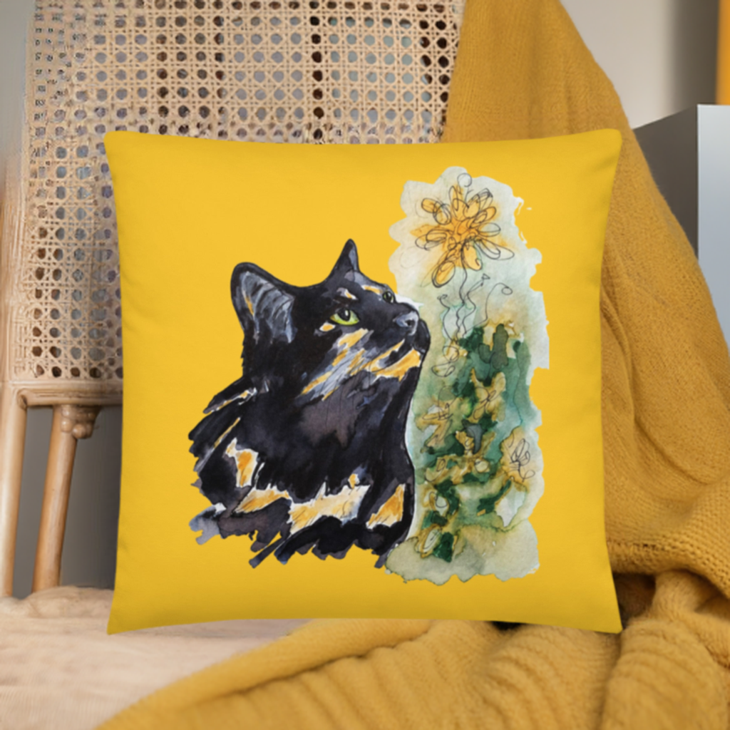 Calico Cat Yellow Pillow