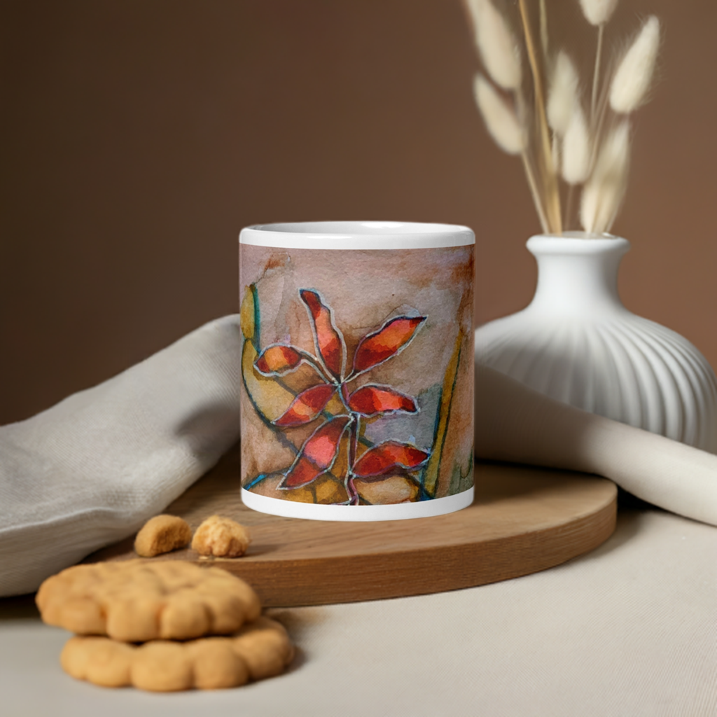 Red Leaves Abstract White Glossy Mug