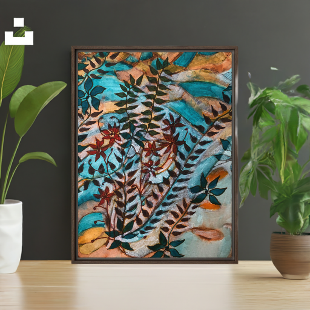 Teal Leaves Framed Canvas