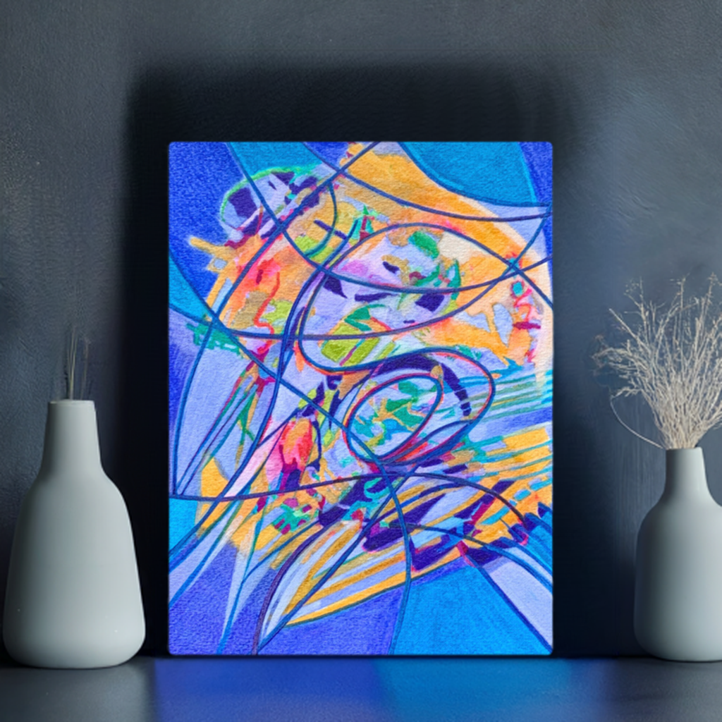 Colorful Opportunities Abstract Canvas print by Joy Calonico displayed on a dark wall between two white vases