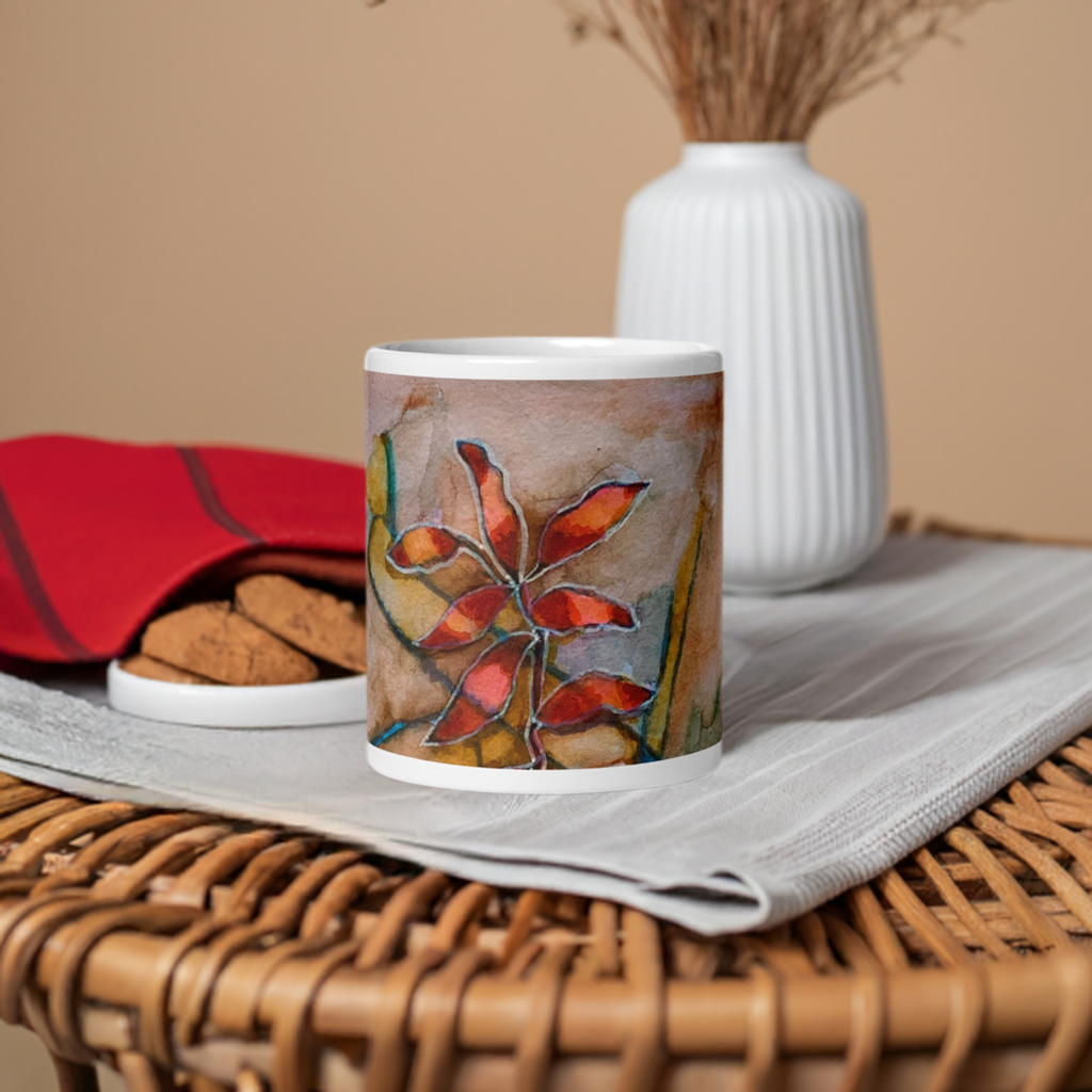 Red Leaves Abstract White glossy mug