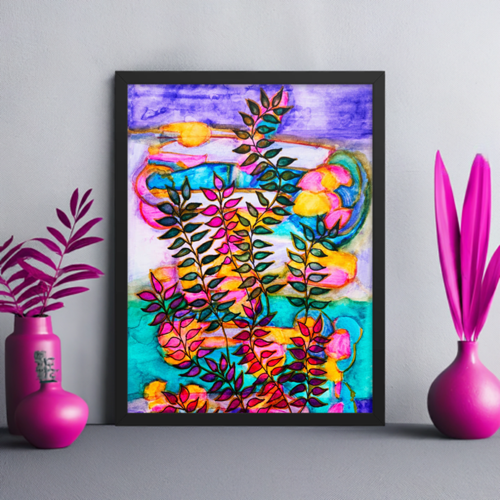 Neon Leaves Framed Canvas