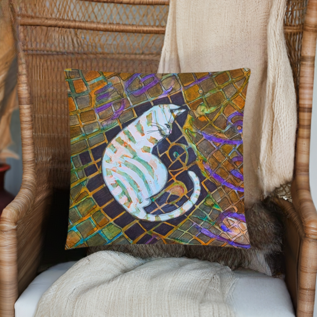 Cat Bricks Pillow featuring colorful abstract cat design on soft polyester fabric with hidden zipper and shape-retaining insert.