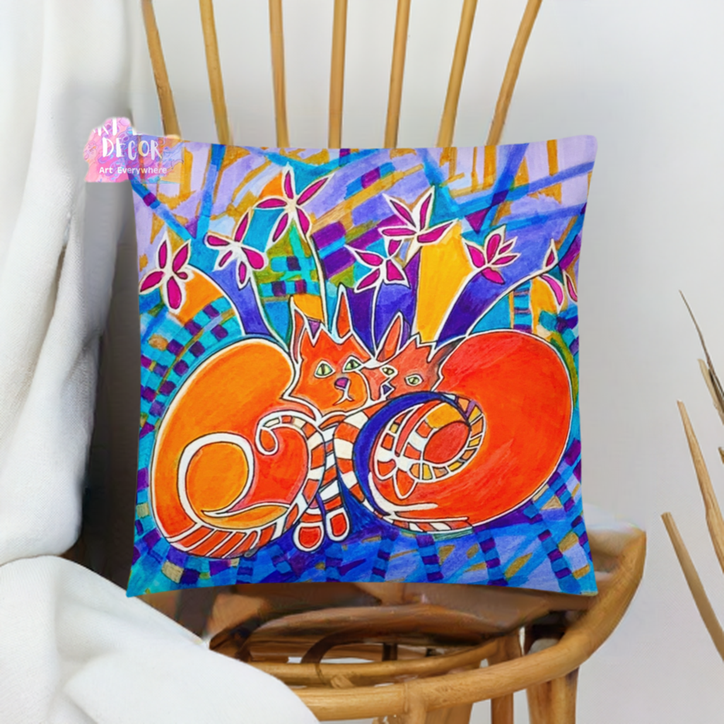 Duplex Cats Pillow featuring vibrant abstract cat artwork by Joy Calonico on a colorful square cushion with hidden zipper.