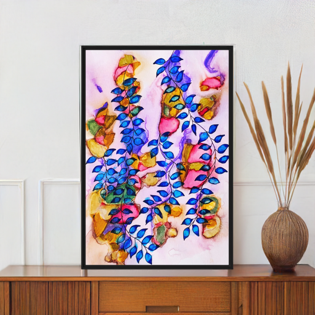 Royal Blue Leaves Framed Canvas Print