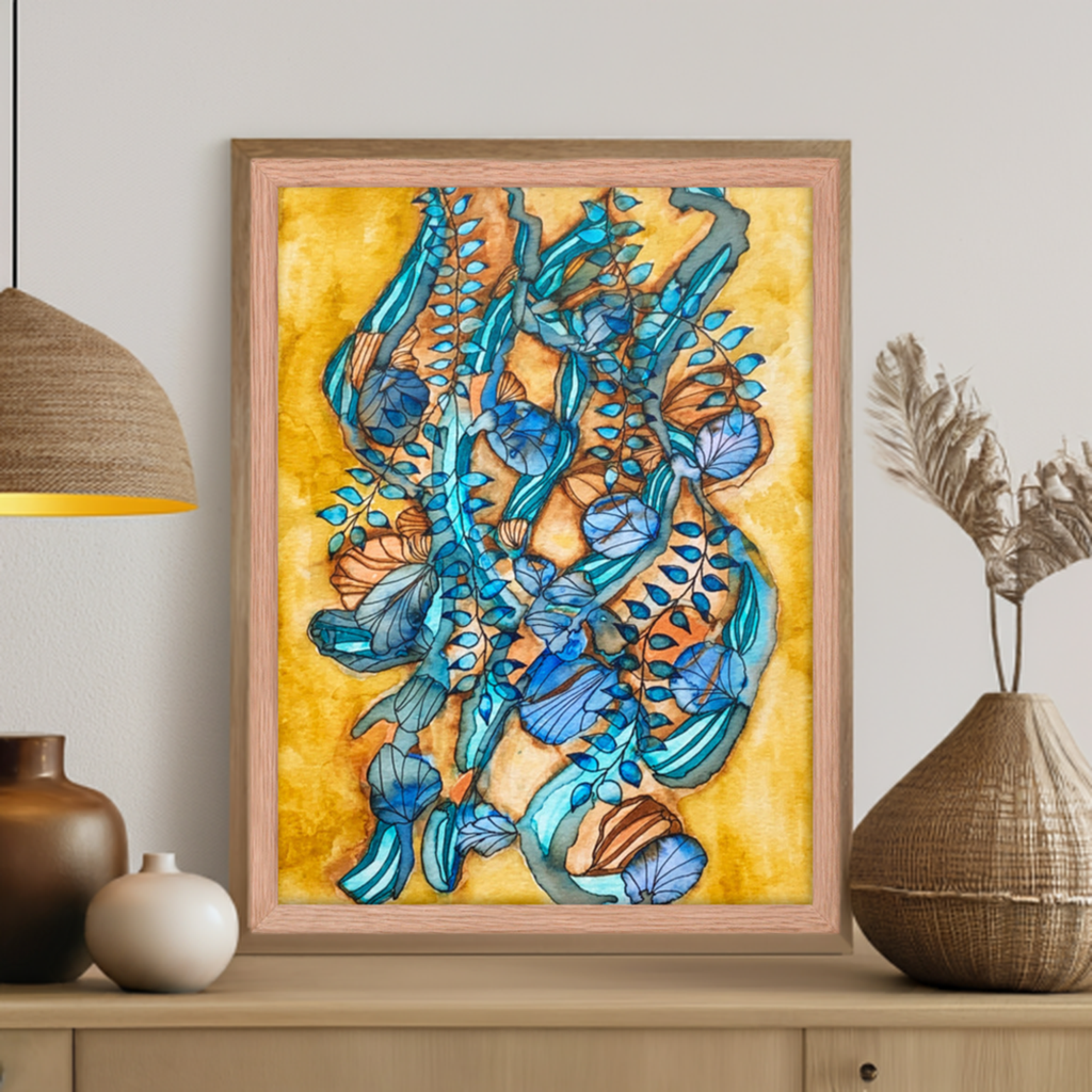 Teal Golden Leaves Abstract Framed poster