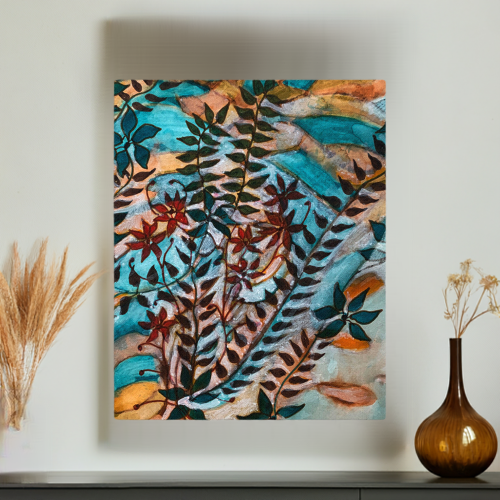Teal Leaves Canvas Print Unframed