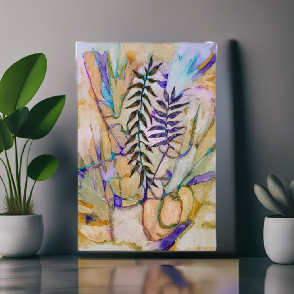 Dry Trail Leaves framed canvas print with colorful leaf artwork in pine tree frame on modern wall