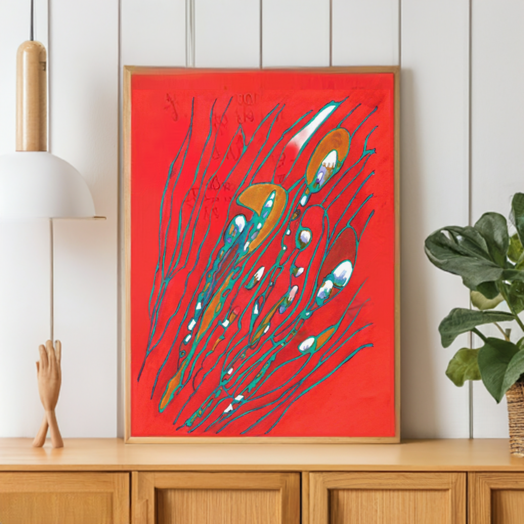 August Abstract Framed Canvas Print with vibrant red abstract design in pine tree frame on modern living room wall