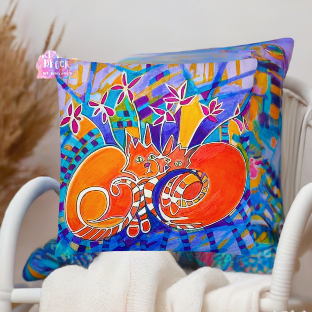 Duplex Cats Pillow with colorful cat artwork by Joy Calonico on soft, machine-washable fabric