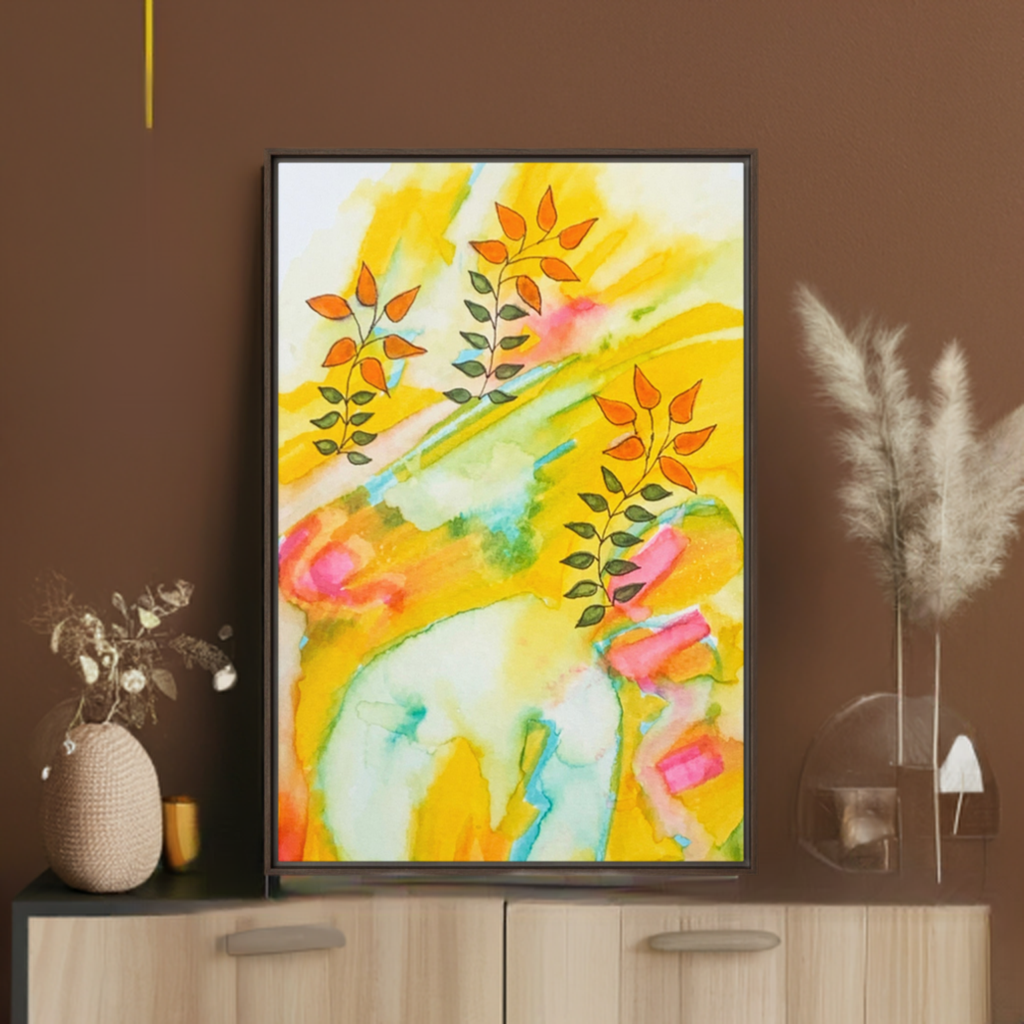 Sunny Leaves Framed Canvas Wall Art – Modern Abstract Nature Print