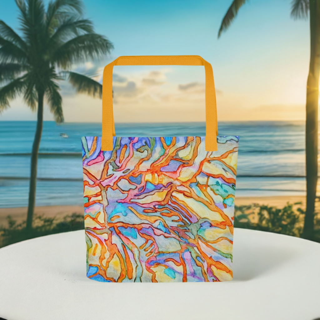 Coral Reef Abstract Tote Bag with colorful coral design and yellow handles against a beach sunset background