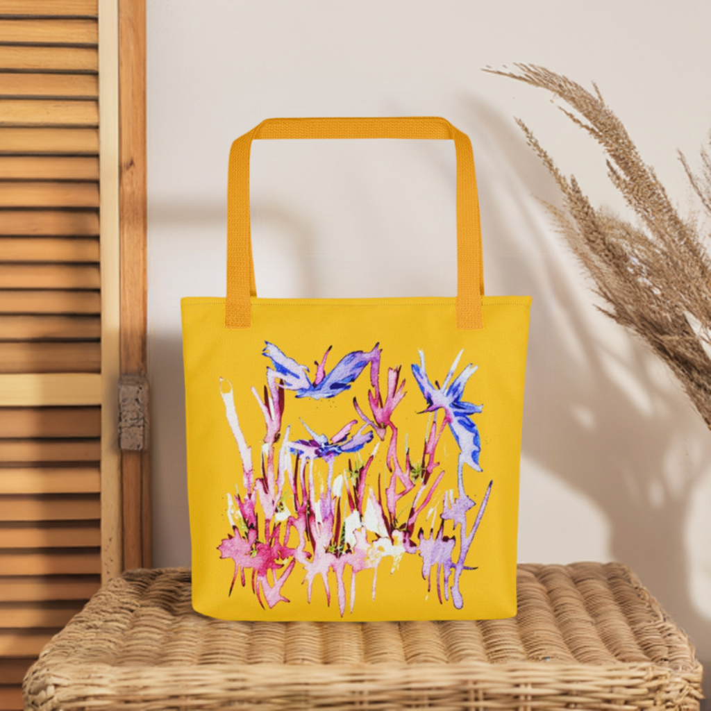 Yellow tote bag with blue butterfly abstract artwork by Joy Calnico and natural cotton handles