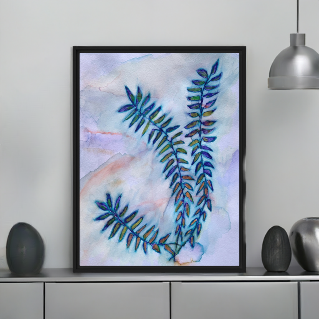 Quiet Blue Leaves Framed Canvas Print