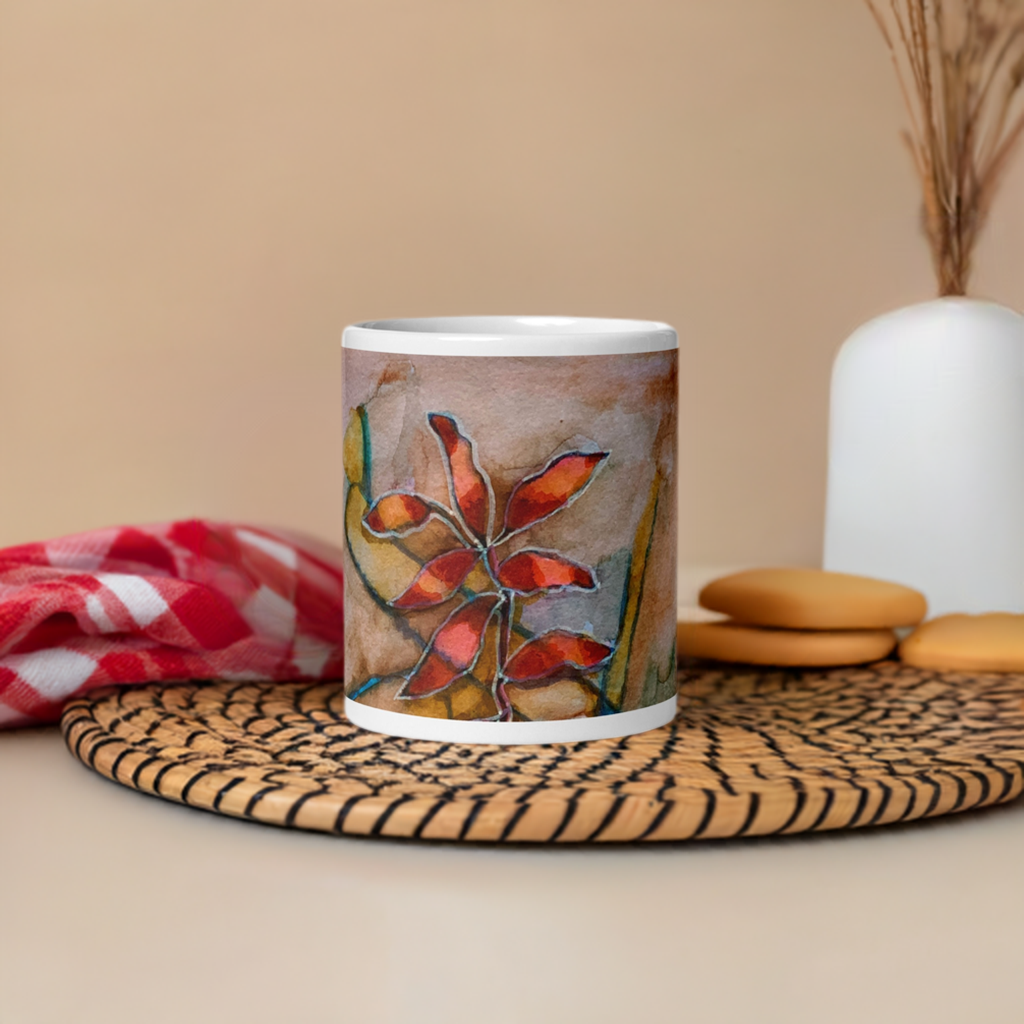 Red Leaves Abstract White glossy mug