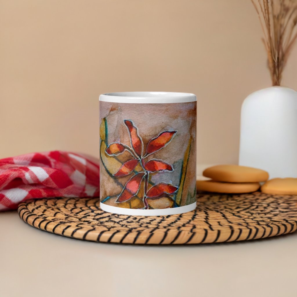 Red Leaves Abstract White Glossy Mug