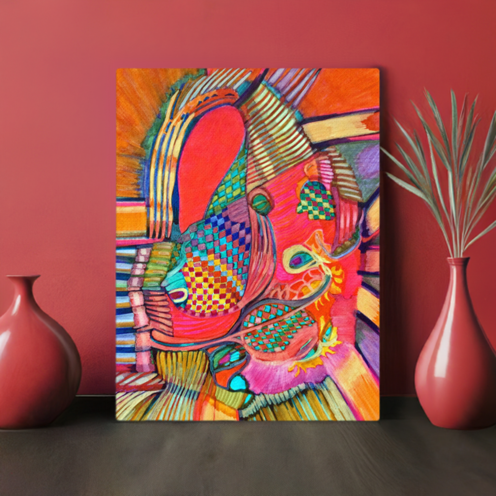 Come Together Abstract Canvas Print by Joy Calonico vibrant modern art unframed on red wall with decorative vases