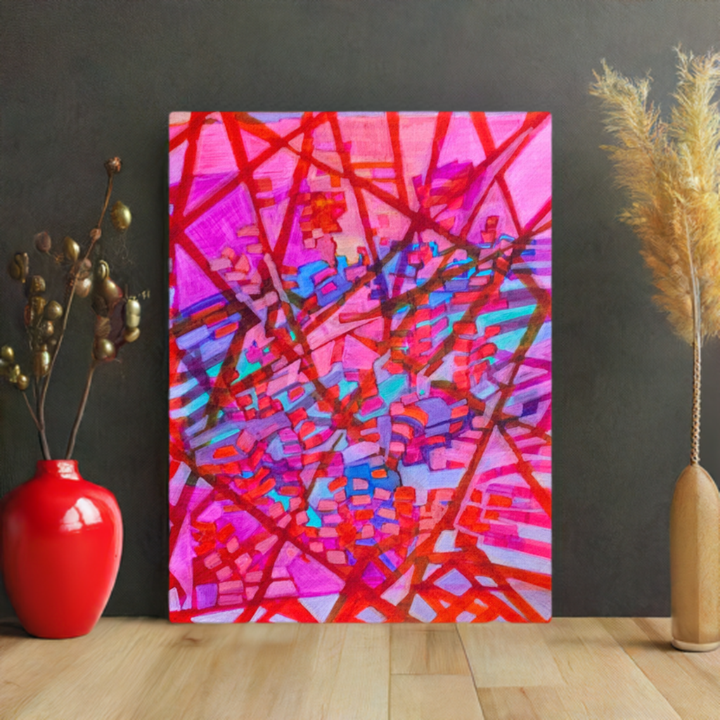 Separation Abstract Canvas Print with vibrant red and pink geometric design on slim unframed canvas displayed on wooden floor against dark wall with decorative vases nearby