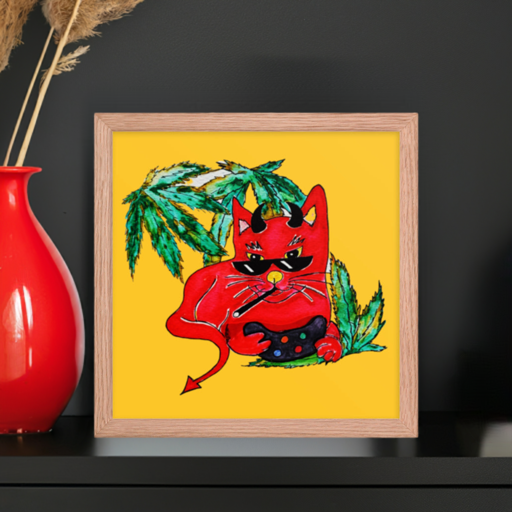 Cool Devil Gamer Cat Framed Poster 12x12
