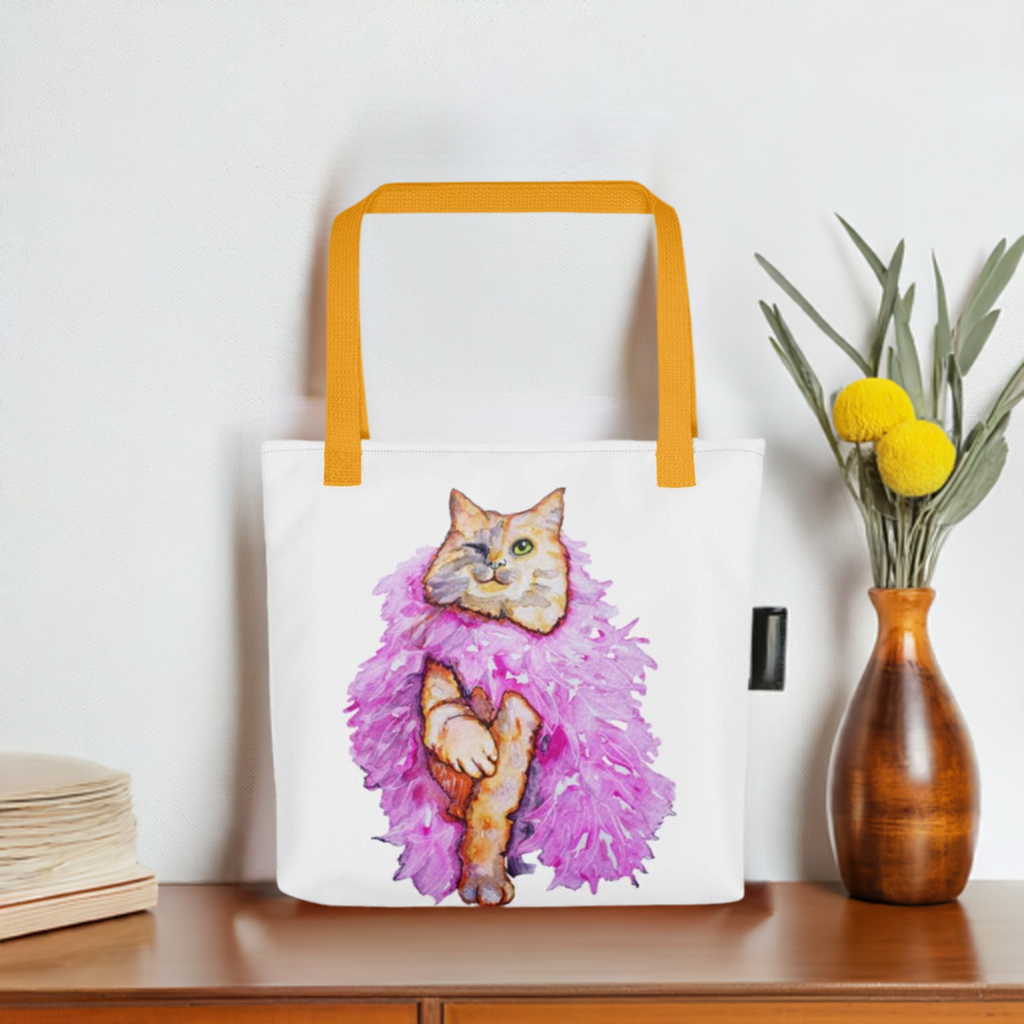 Boa Cat Wink Tote bag with colorful cat artwork and yellow handles on white polyester fabric